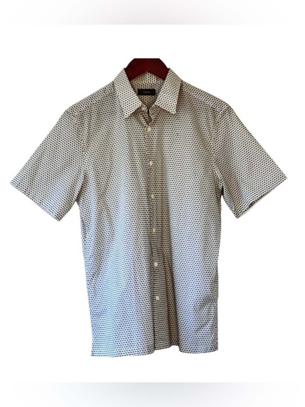 Theory Men's Luxury Button Front Shirt Short Sleeve White Blue Birdseye Print M